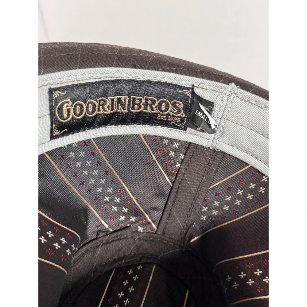 Goorin Bros Brown Pinstripe Wool Blend Fedora Hat Small Brass Logo Pin Band